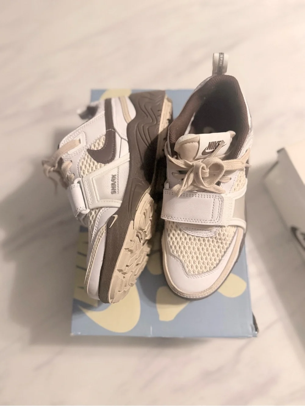 Nike Kids Cream and Brown Mesh Strap Sneakers